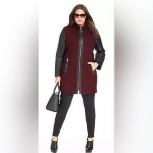 Michael Kors Burgundy Pea Coat, Faux Leather Sleeves, Wool Blend, Size 4